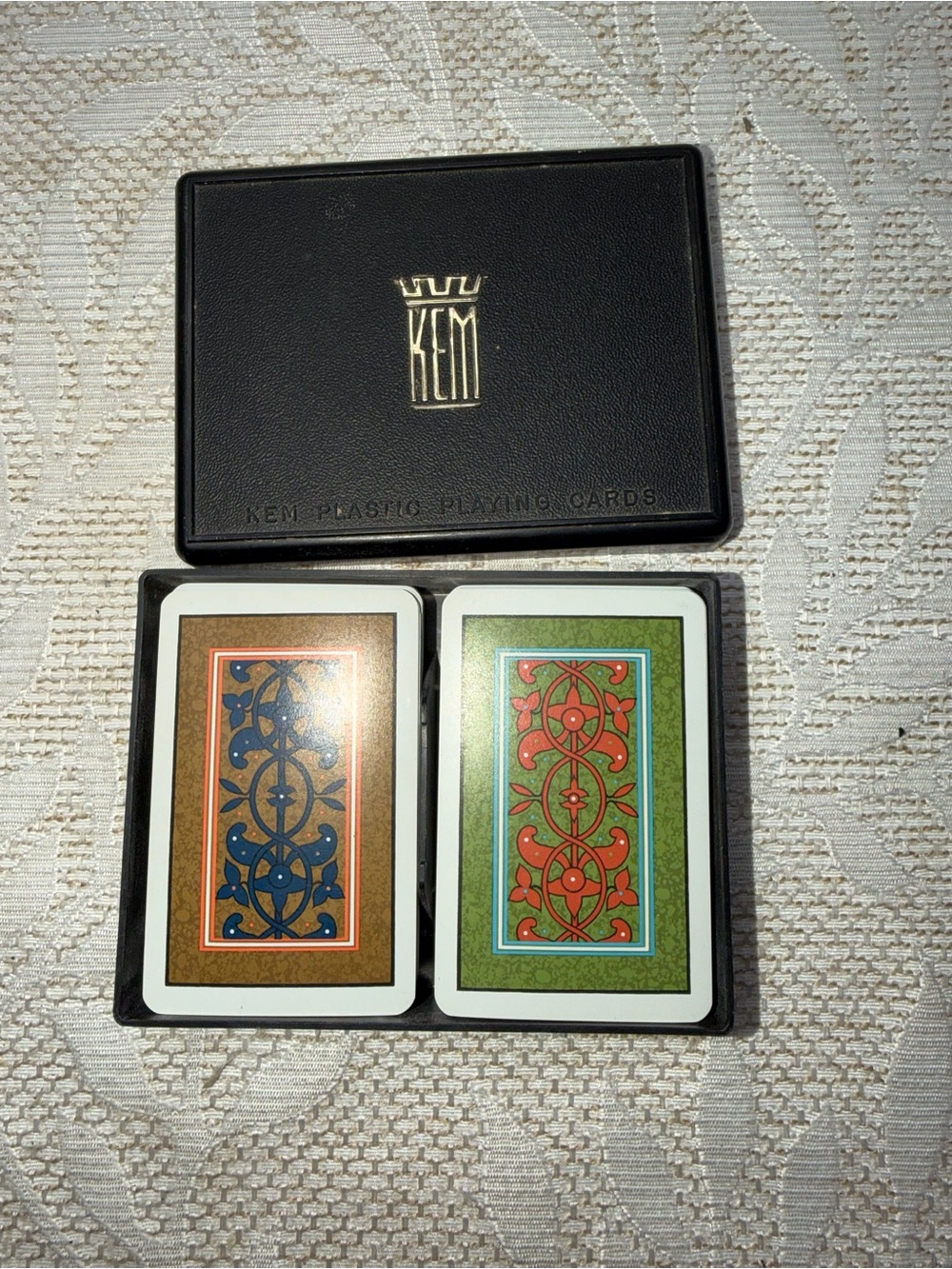 KEM Plastic Playing Cards Set - Black Case with Blue & Red Backs 1930s